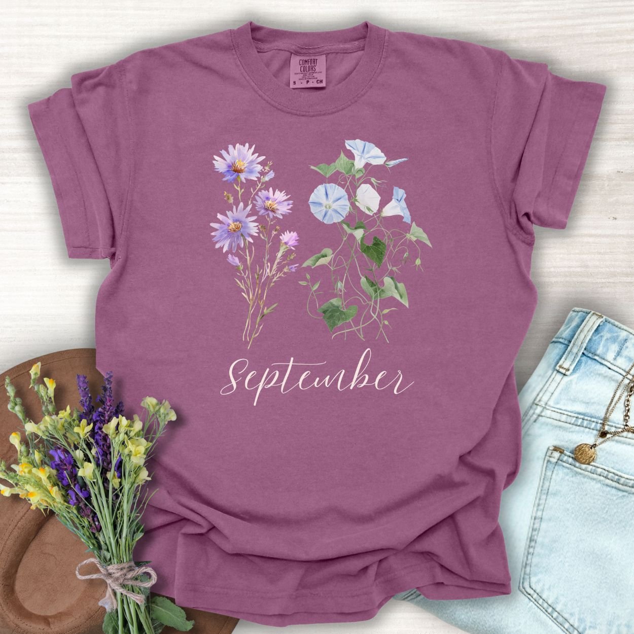 September Birth Month Flower T-Shirt — Aster & Morning Glory