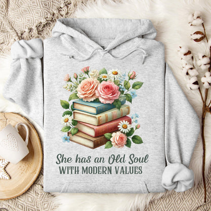 Ash grey cotton-poly hoodie with a floral book stack graphic and "She has an Old Soul with Modern Values" text.