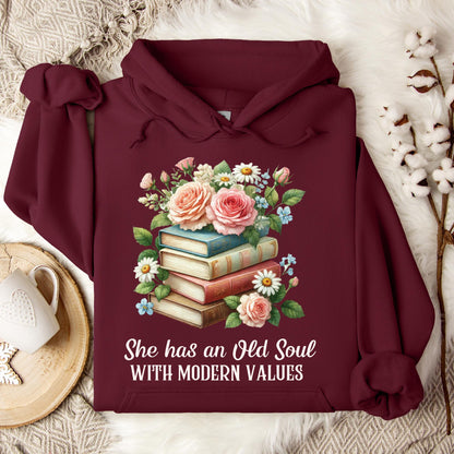 Maroon Gildan 18500 hoodie with "She has an Old Soul with Modern Values" text and floral book graphic.