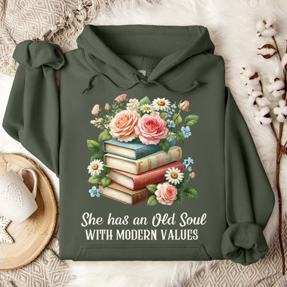 Military Green Gildan 18500 hoodie with "She has an Old Soul WITH MODERN VALUES" text and floral book stack graphic.