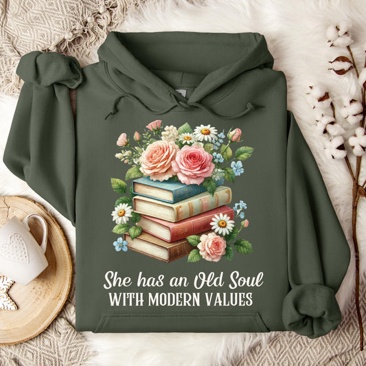 Military Green Gildan 18500 hoodie with "She has an Old Soul WITH MODERN VALUES" text and floral book stack graphic.