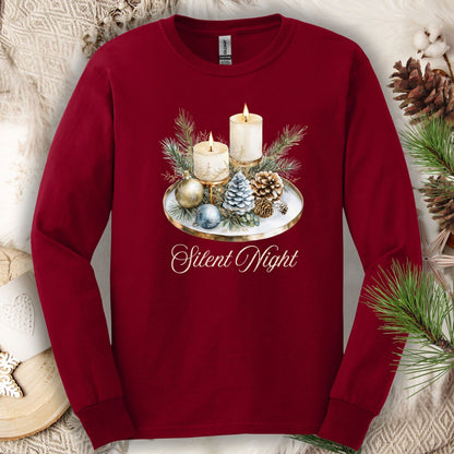 Cardinal Red long sleeve tee with "Silent Night" and advent candle arrangement design.