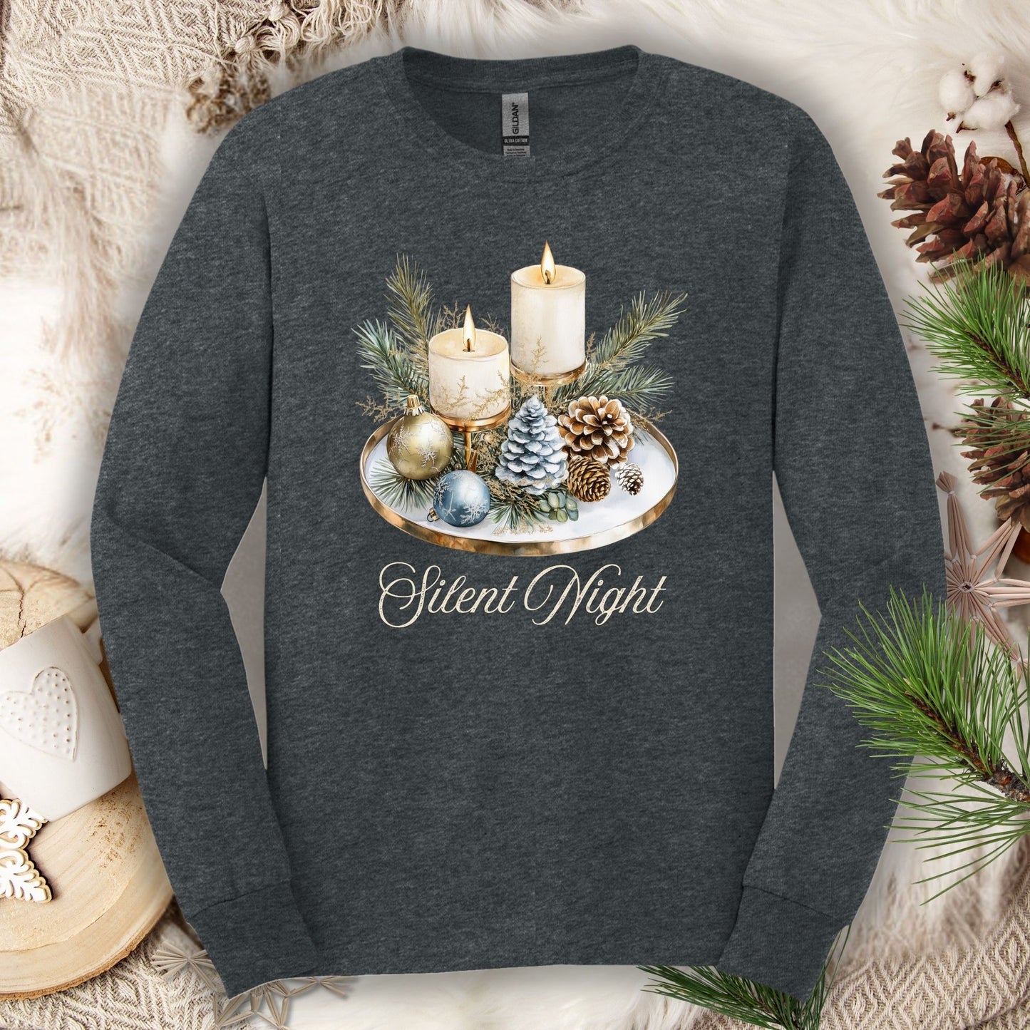 Dark Heather long sleeve tee with "Silent Night" and a watercolor Advent candle arrangement.