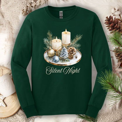 Forest Green long sleeve tee with "Silent Night" and watercolor advent candles, evergreens, and ornaments.