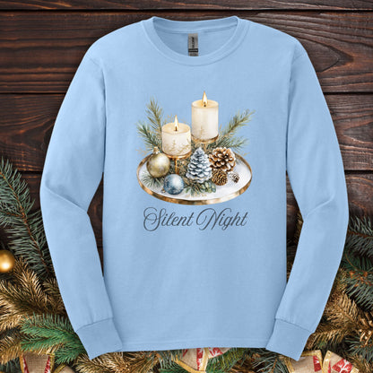 Light blue long sleeve tee with "Silent Night" and a watercolor advent candle arrangement.