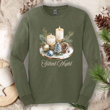 Military Green long sleeve tee with "Silent Night" and an Advent candle arrangement design.
