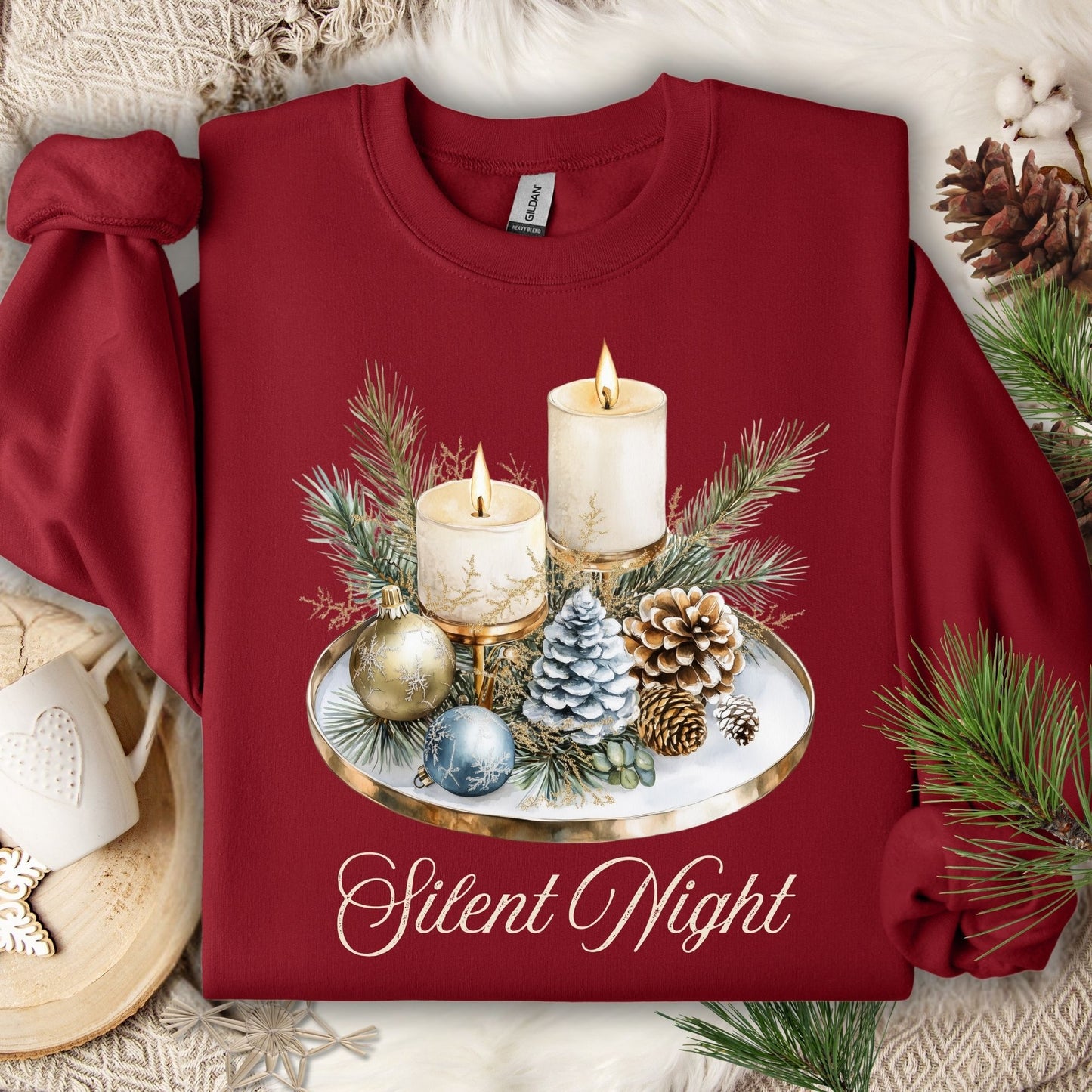 Cardinal Red Gildan sweatshirt with watercolor "Silent Night" advent candles, pinecones, and evergreens.