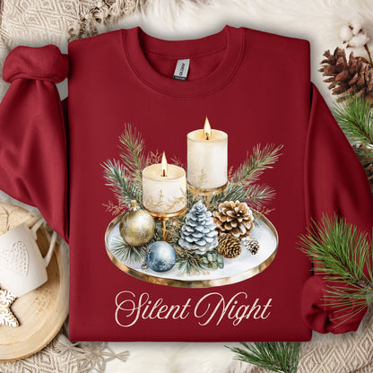 Cardinal Red Gildan sweatshirt with watercolor "Silent Night" advent candles, pinecones, and evergreens.