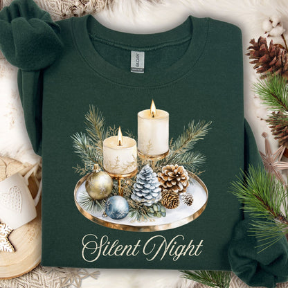 Forest Green Gildan sweatshirt with watercolor "Silent Night" advent arrangement: candles, pinecones, evergreens.