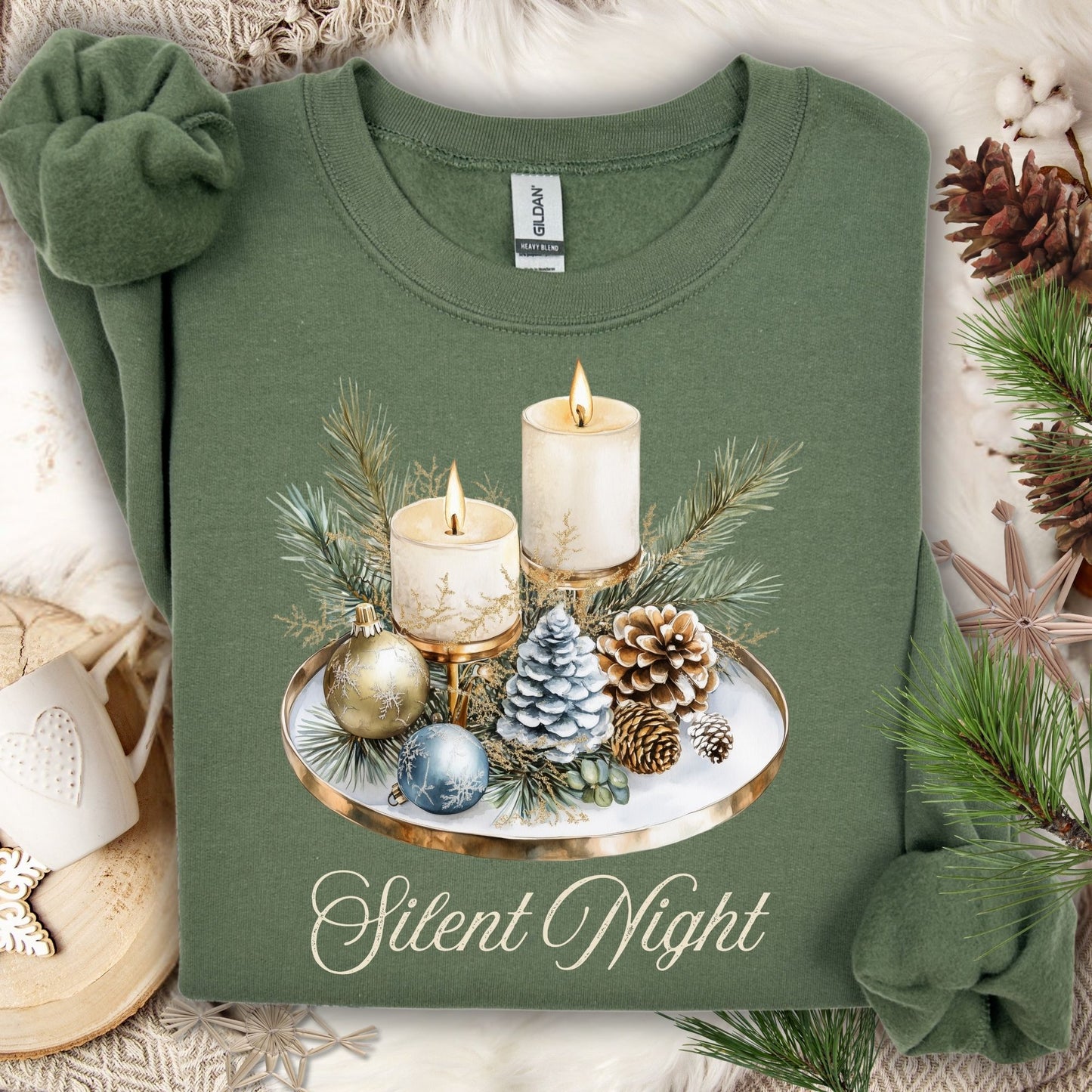 Military Green S Gildan sweatshirt with watercolor Silent Night advent candles, pinecones, and evergreens.