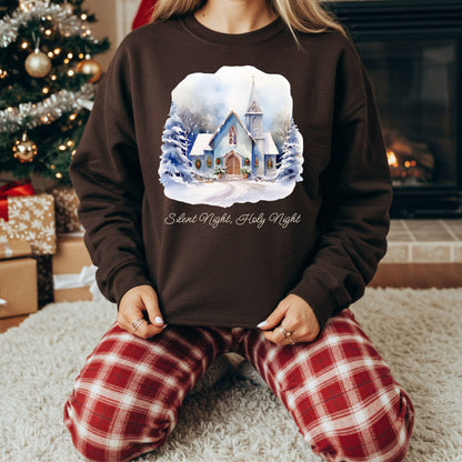 Brown Gildan fleece sweatshirt with a snowy chapel design and "Silent Night, Holy Night" text.