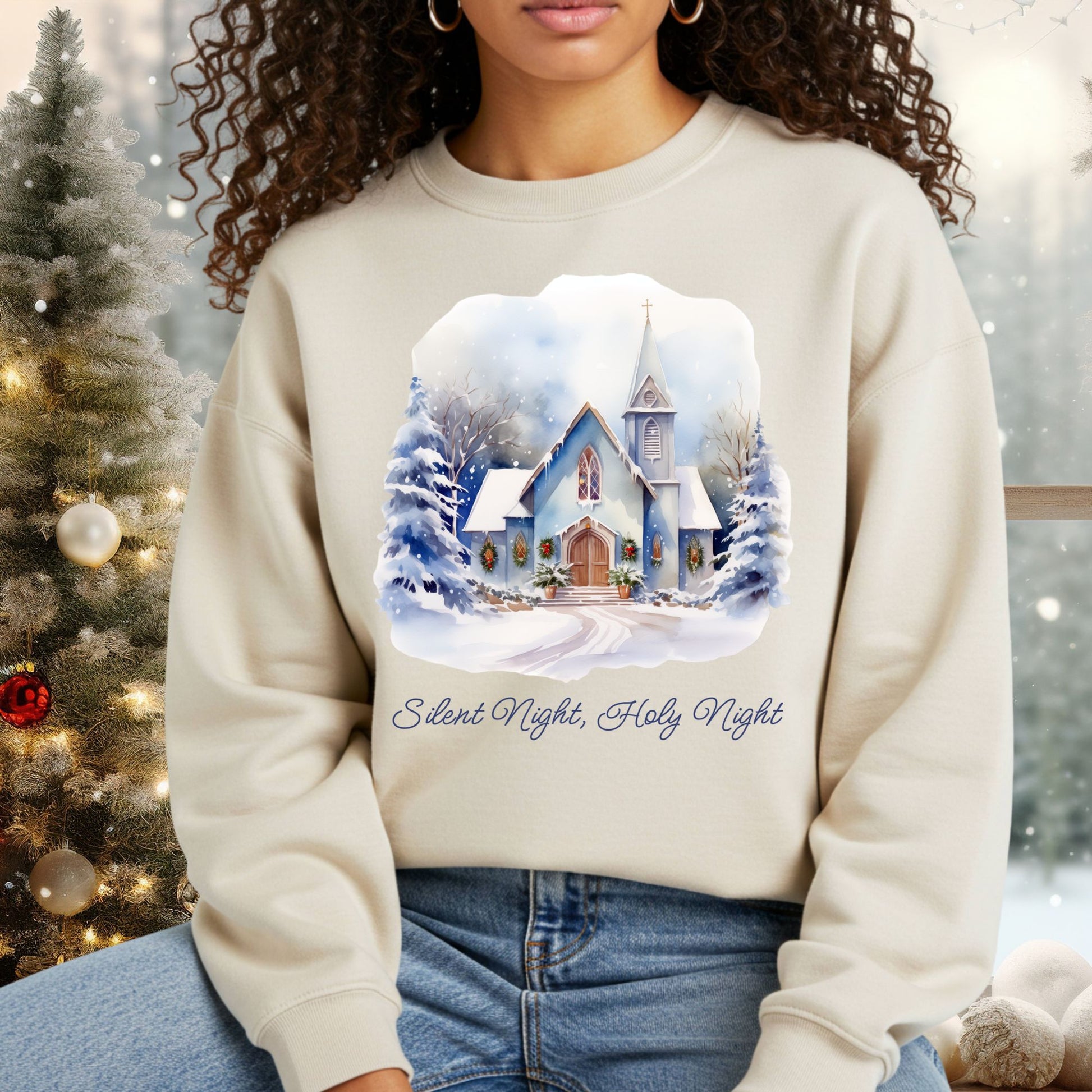 Beige Gildan fleece sweatshirt with a snowy country chapel design and "Silent Night, Holy Night" text.
