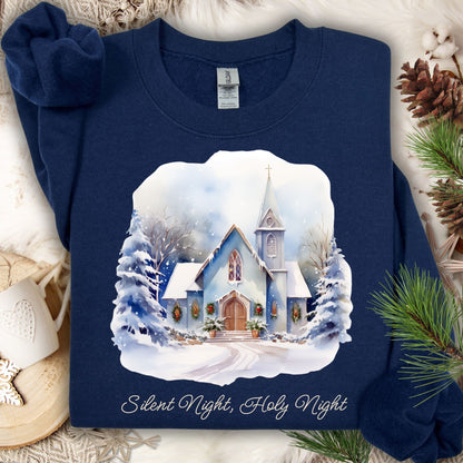 Navy Gildan fleece sweatshirt with a snowy chapel design and "Silent Night, Holy Night" text.