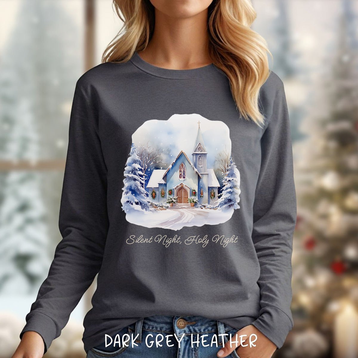 Silent Night Snowy Chapel Long Sleeve Tee