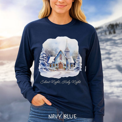 Silent Night Snowy Chapel Long Sleeve Tee