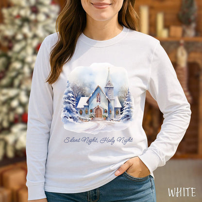 Silent Night Snowy Chapel Long Sleeve Tee