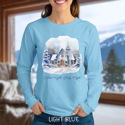 Silent Night Snowy Chapel Long Sleeve Tee