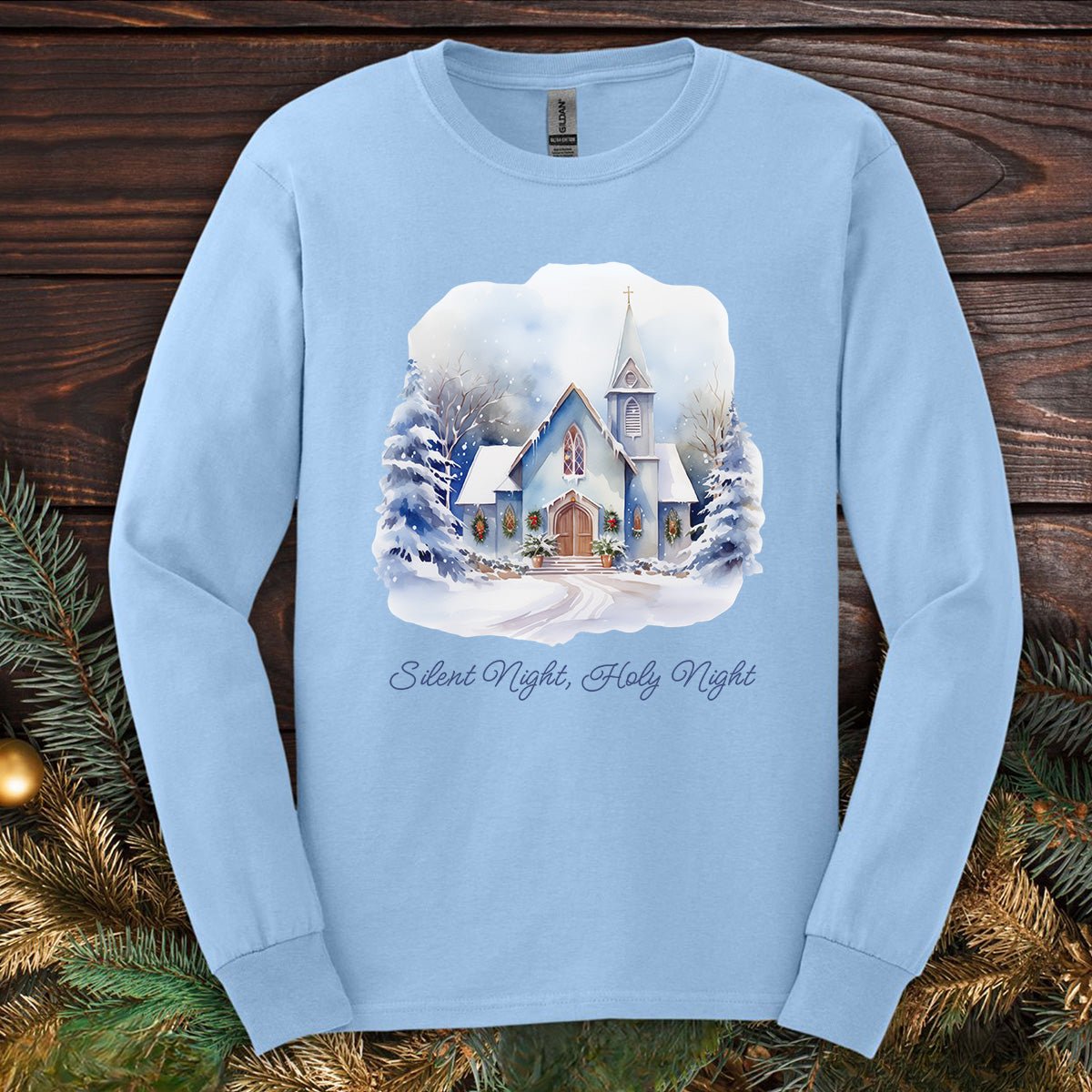 Silent Night Snowy Chapel Long Sleeve Tee