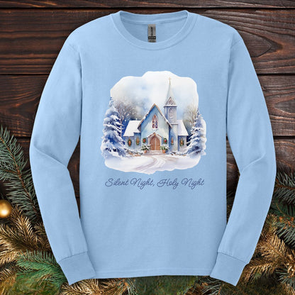 Silent Night Snowy Chapel Long Sleeve Tee