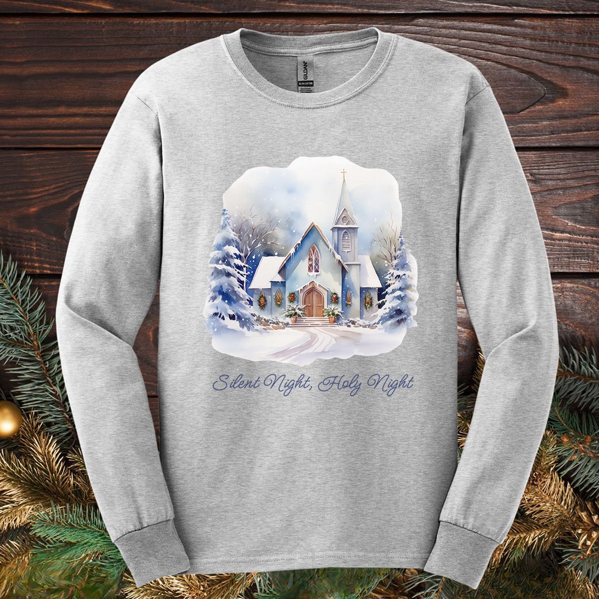 Silent Night Snowy Chapel Long Sleeve Tee