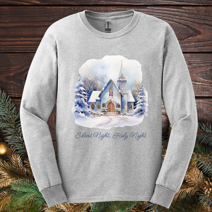 Silent Night Snowy Chapel Long Sleeve Tee
