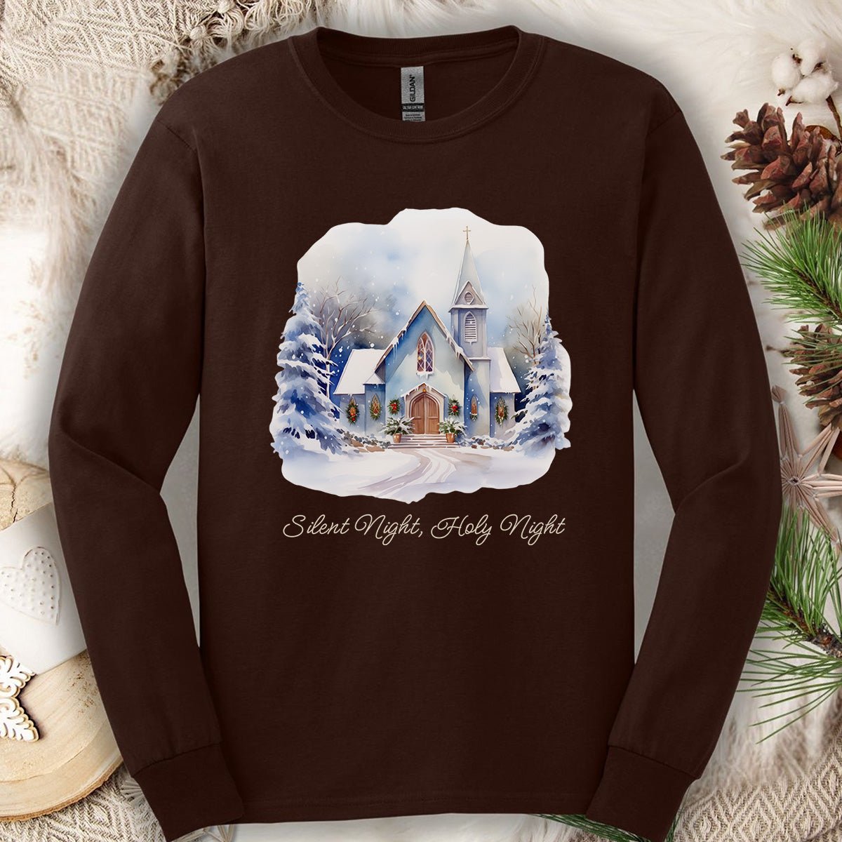 Silent Night Snowy Chapel Long Sleeve Tee
