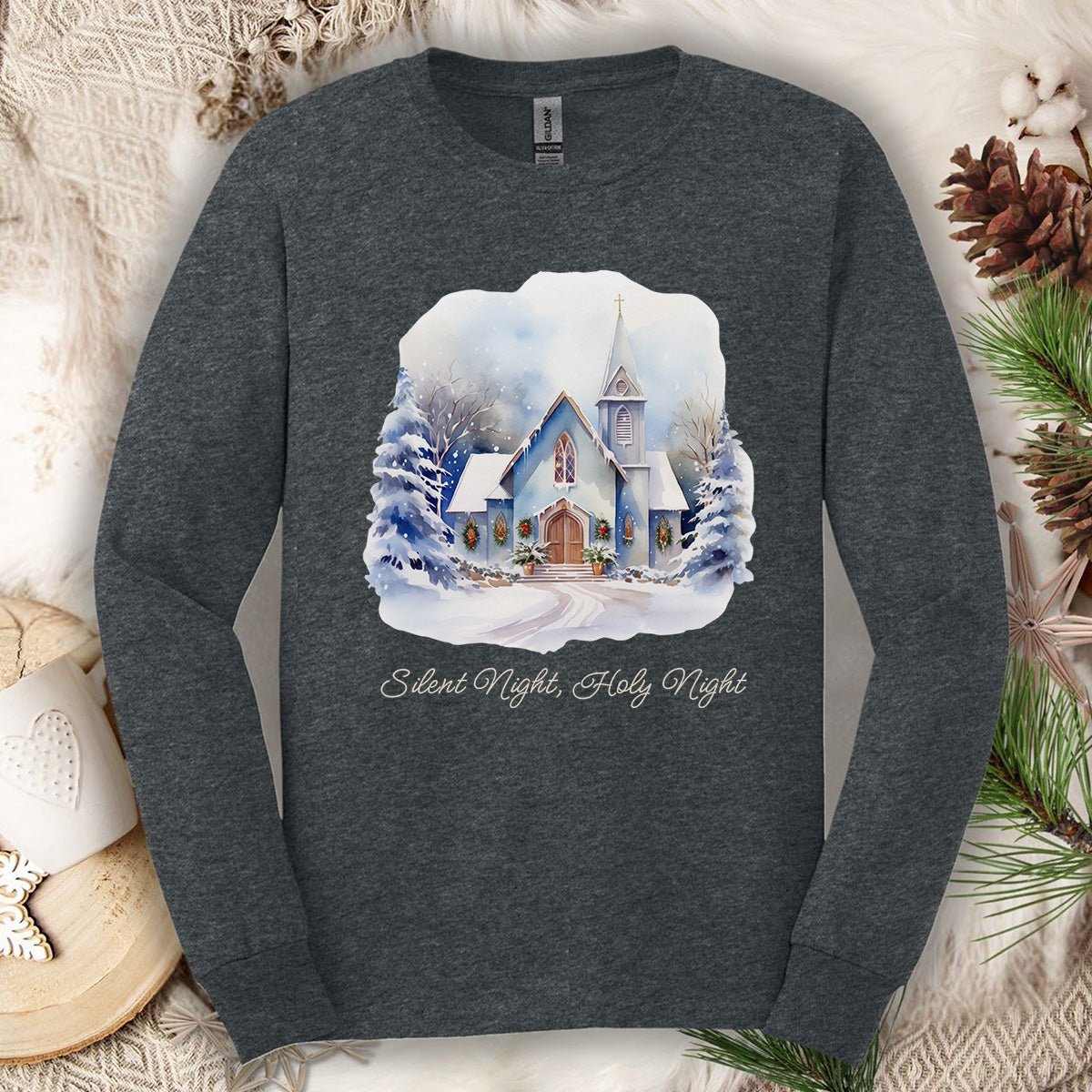 Silent Night Snowy Chapel Long Sleeve Tee