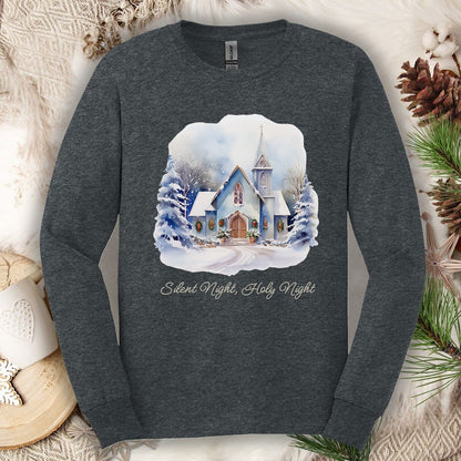 Silent Night Snowy Chapel Long Sleeve Tee
