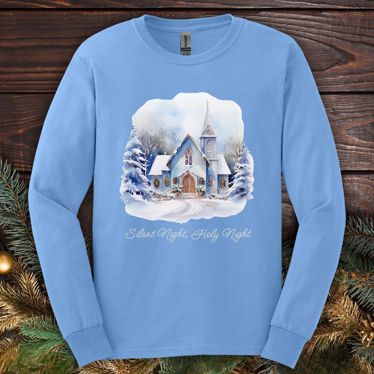 Silent Night Snowy Chapel Long Sleeve Tee