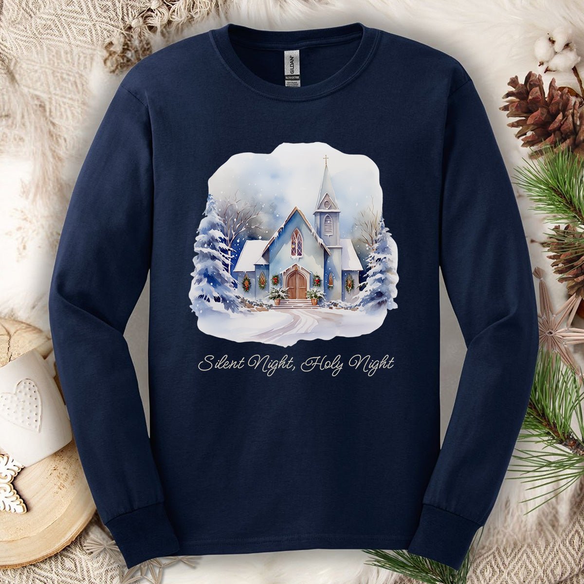 Silent Night Snowy Chapel Long Sleeve Tee