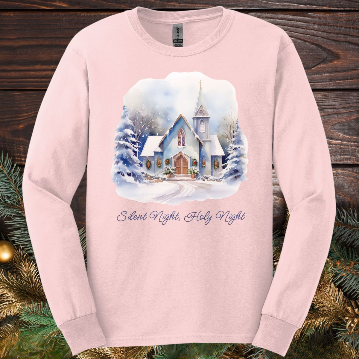 Silent Night Snowy Chapel Long Sleeve Tee