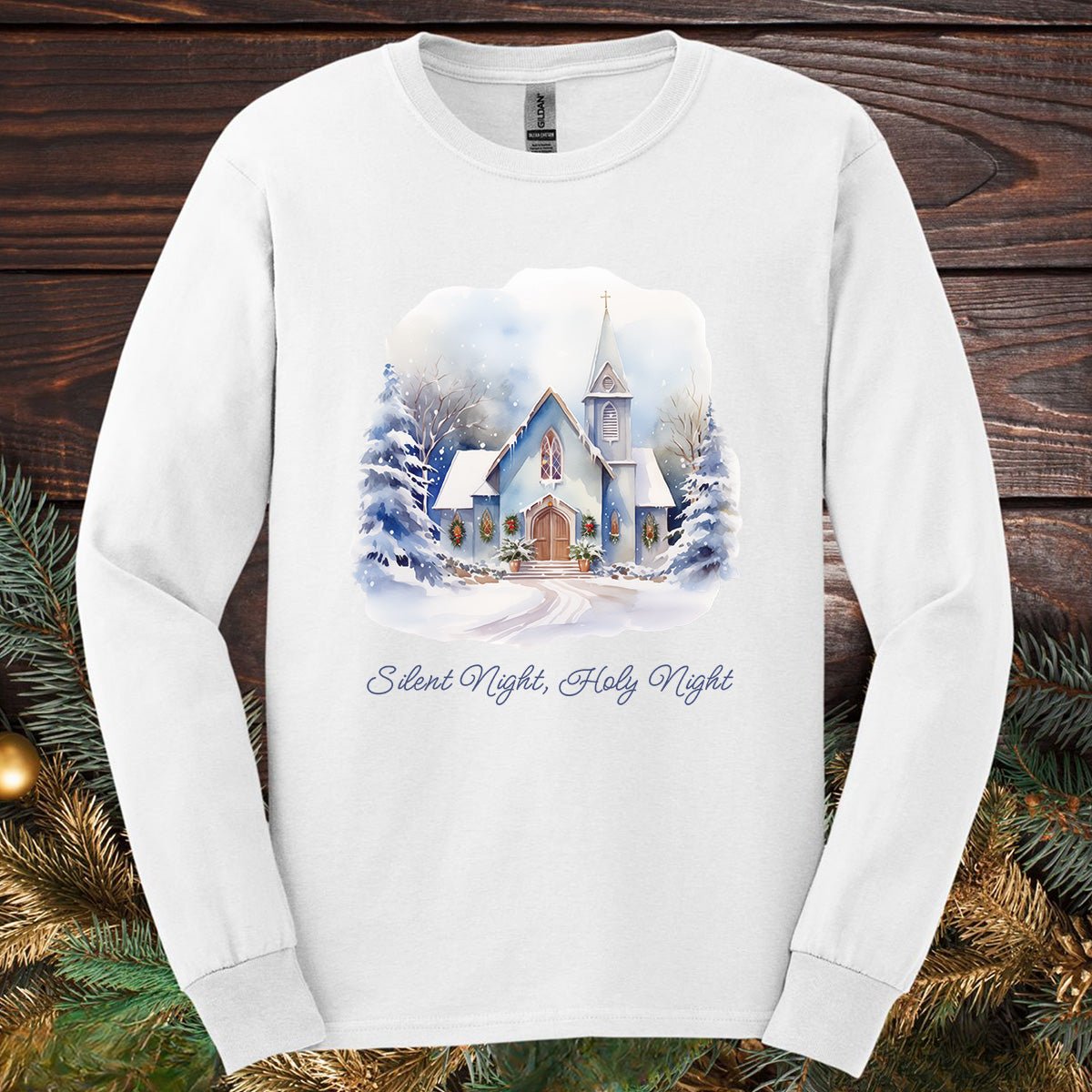 Silent Night Snowy Chapel Long Sleeve Tee