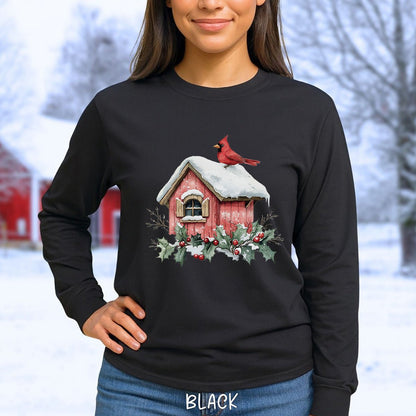 Snowy Christmas Cardinal Birdhouse Long Sleeve Tee