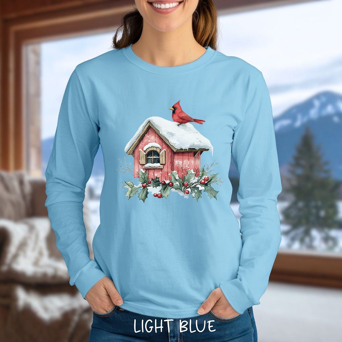 Snowy Christmas Cardinal Birdhouse Long Sleeve Tee