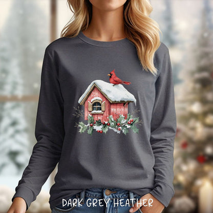 Snowy Christmas Cardinal Birdhouse Long Sleeve Tee