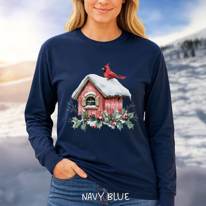 Snowy Christmas Cardinal Birdhouse Long Sleeve Tee