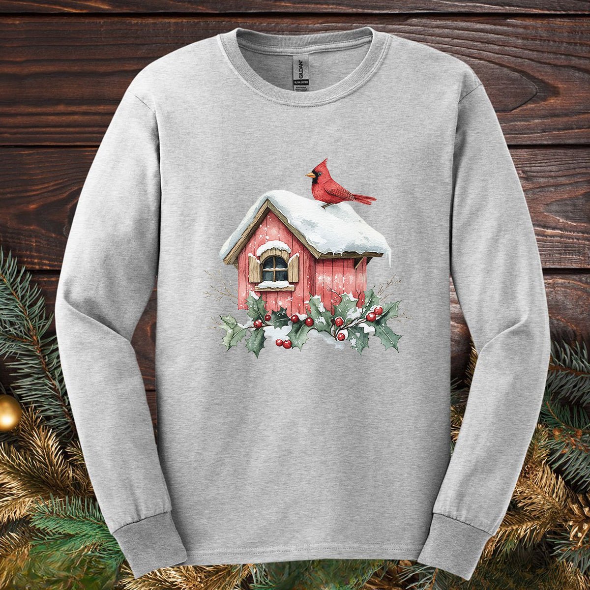 Snowy Christmas Cardinal Birdhouse Long Sleeve Tee