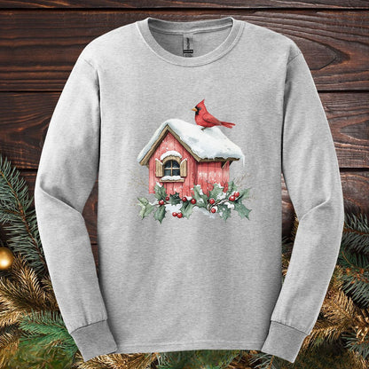 Snowy Christmas Cardinal Birdhouse Long Sleeve Tee