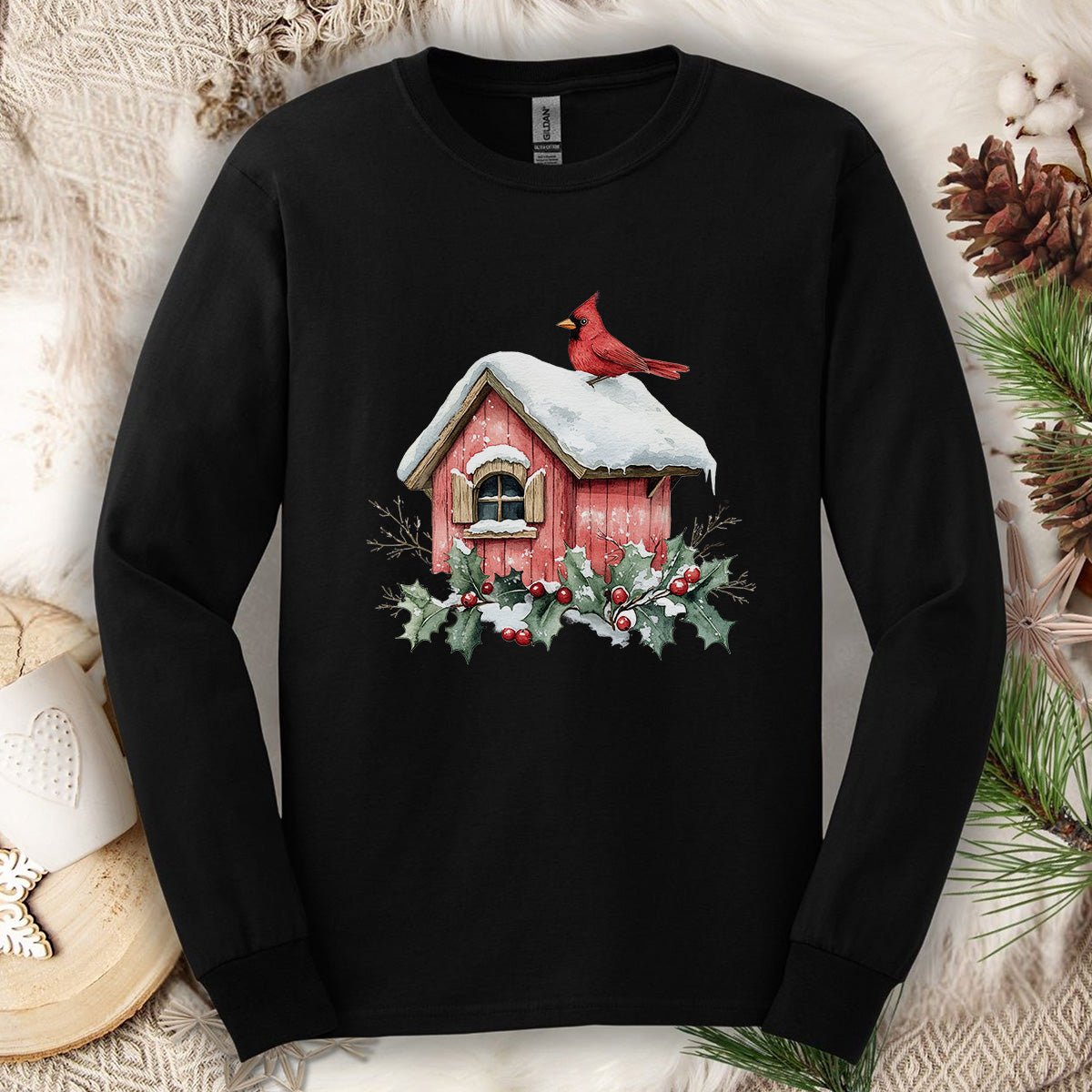 Snowy Christmas Cardinal Birdhouse Long Sleeve Tee