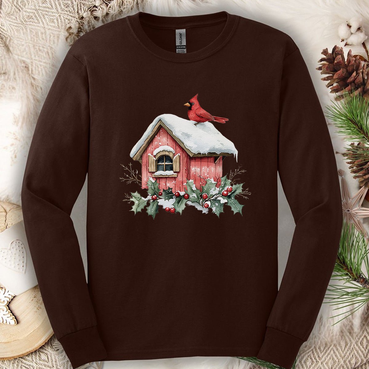Snowy Christmas Cardinal Birdhouse Long Sleeve Tee