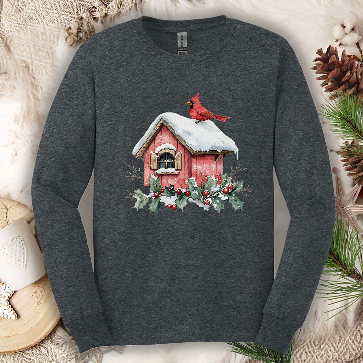 Snowy Christmas Cardinal Birdhouse Long Sleeve Tee
