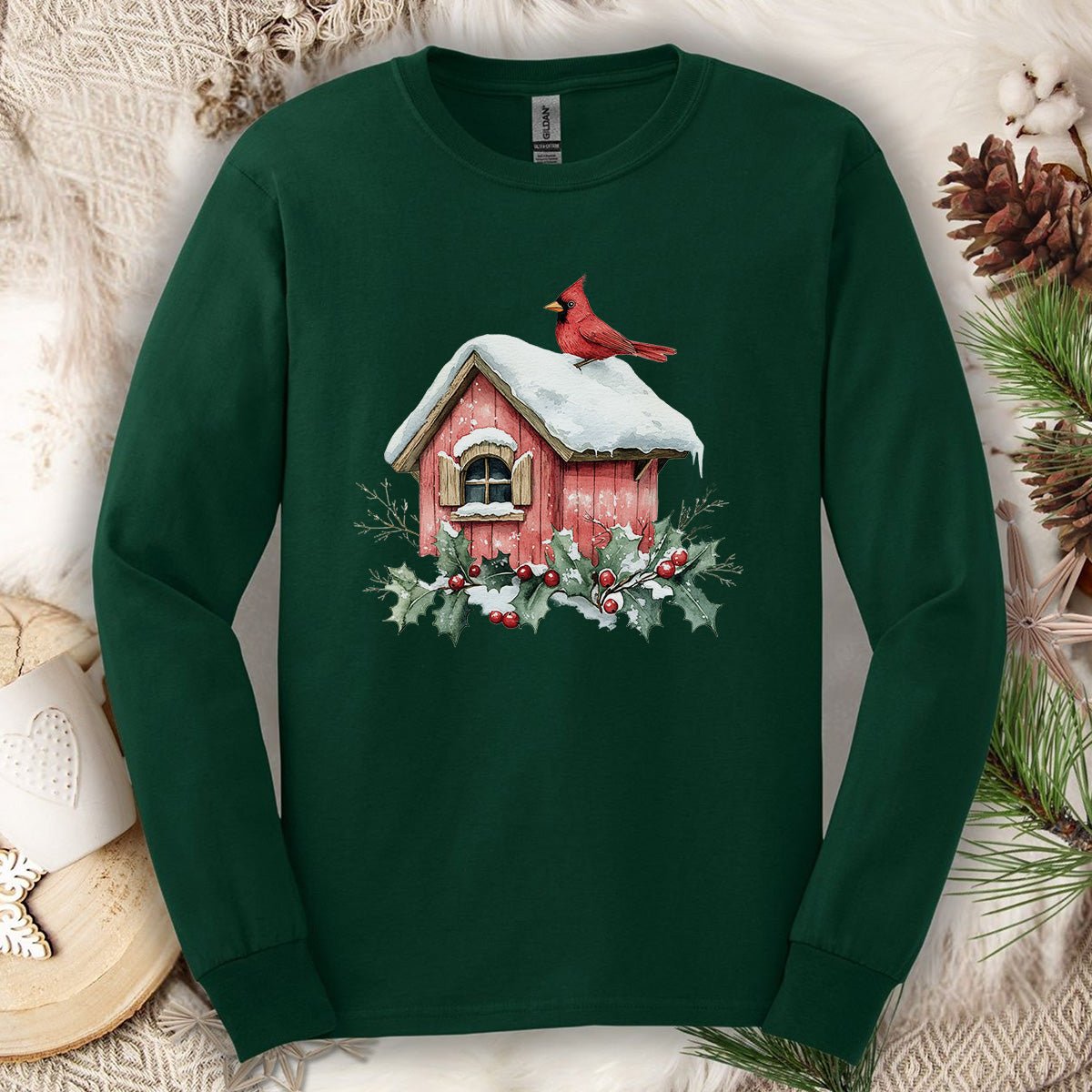 Snowy Christmas Cardinal Birdhouse Long Sleeve Tee