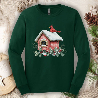 Snowy Christmas Cardinal Birdhouse Long Sleeve Tee