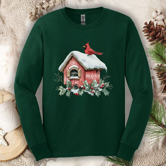 Snowy Christmas Cardinal Birdhouse Long Sleeve Tee