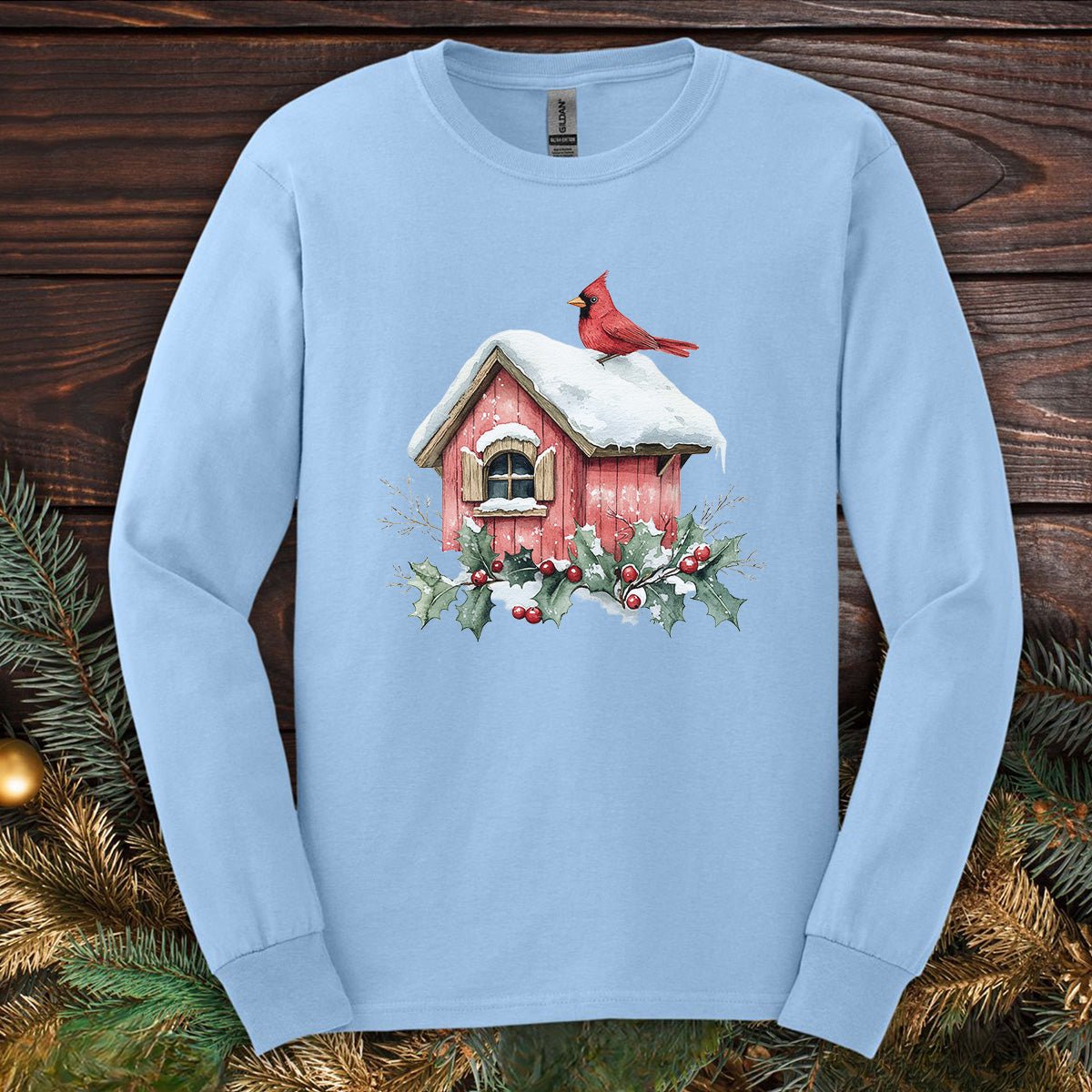 Snowy Christmas Cardinal Birdhouse Long Sleeve Tee