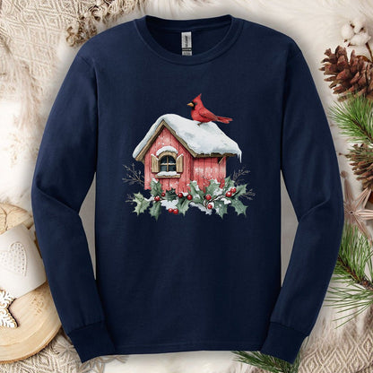 Snowy Christmas Cardinal Birdhouse Long Sleeve Tee