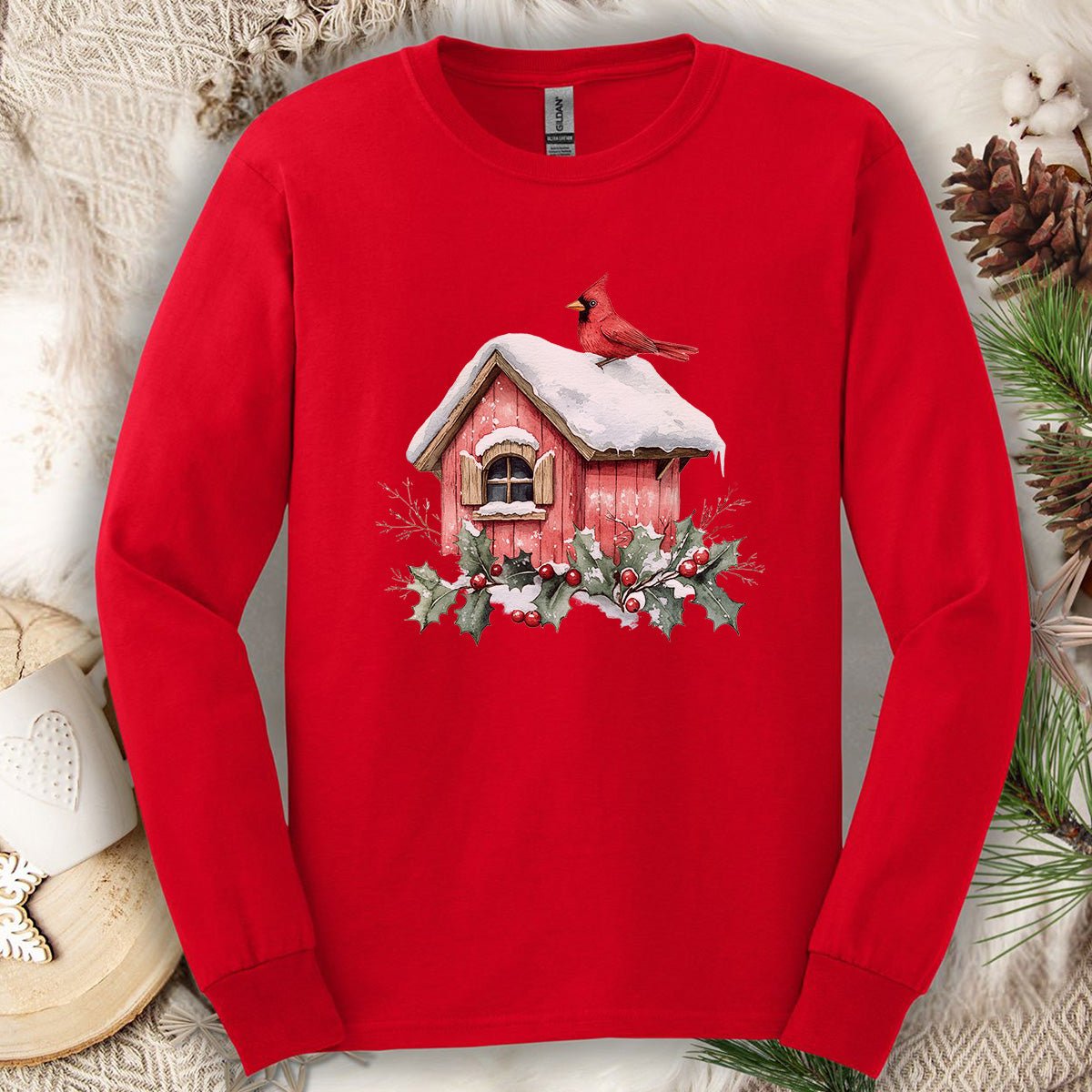 Snowy Christmas Cardinal Birdhouse Long Sleeve Tee
