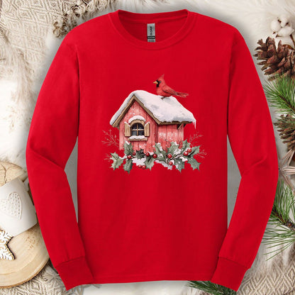 Snowy Christmas Cardinal Birdhouse Long Sleeve Tee