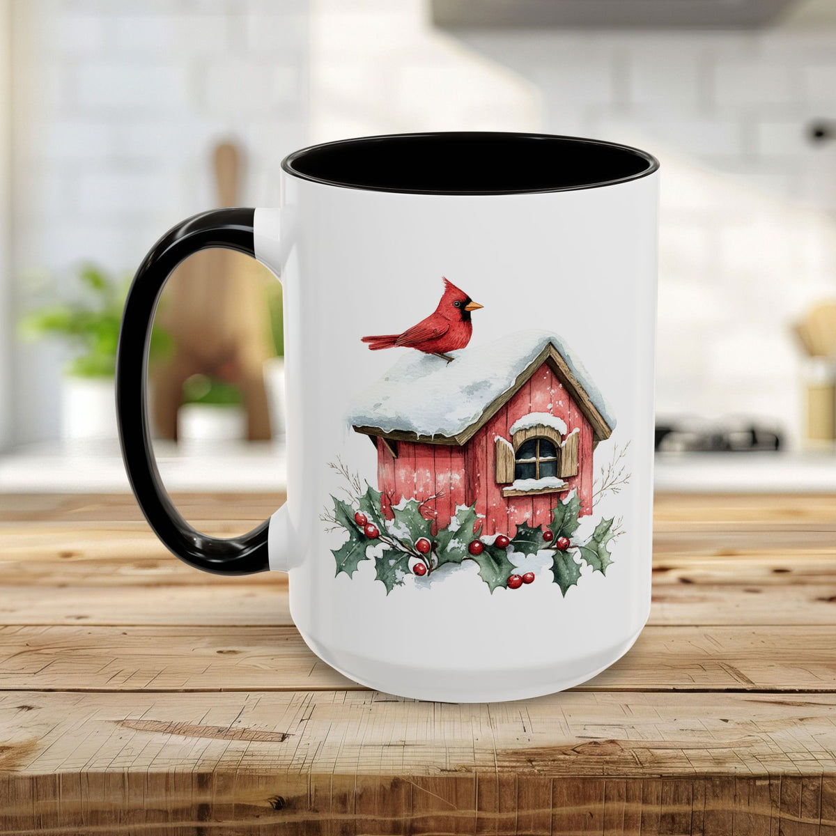 Snowy Christmas Cardinal Birdhouse Mug (11/15oz)