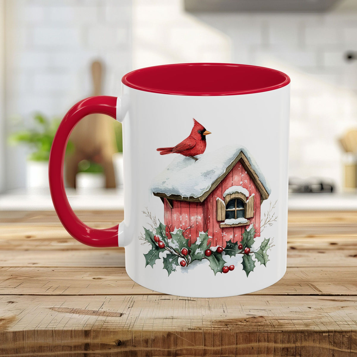 Snowy Christmas Cardinal Birdhouse Mug (11/15oz)